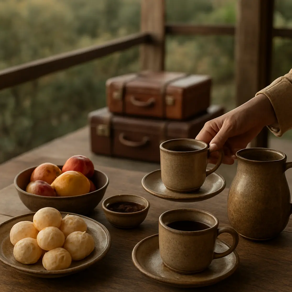 Mesa de café da manhã rústica em hotel fazenda com vista para o cerrado