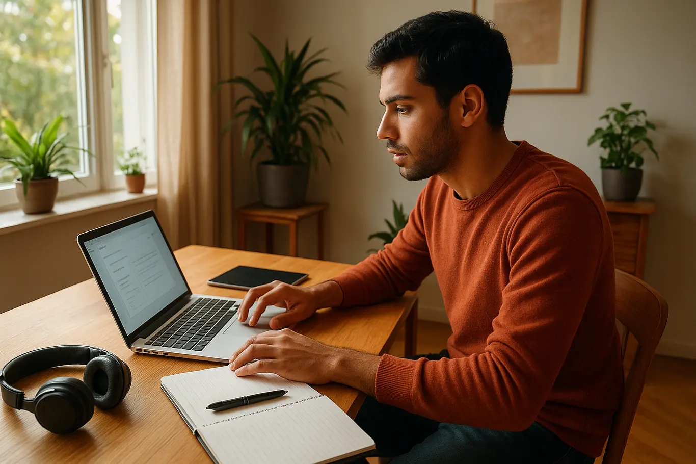 Home office em ângulo superior com pessoa em perfil usando laptop e vários dispositivos