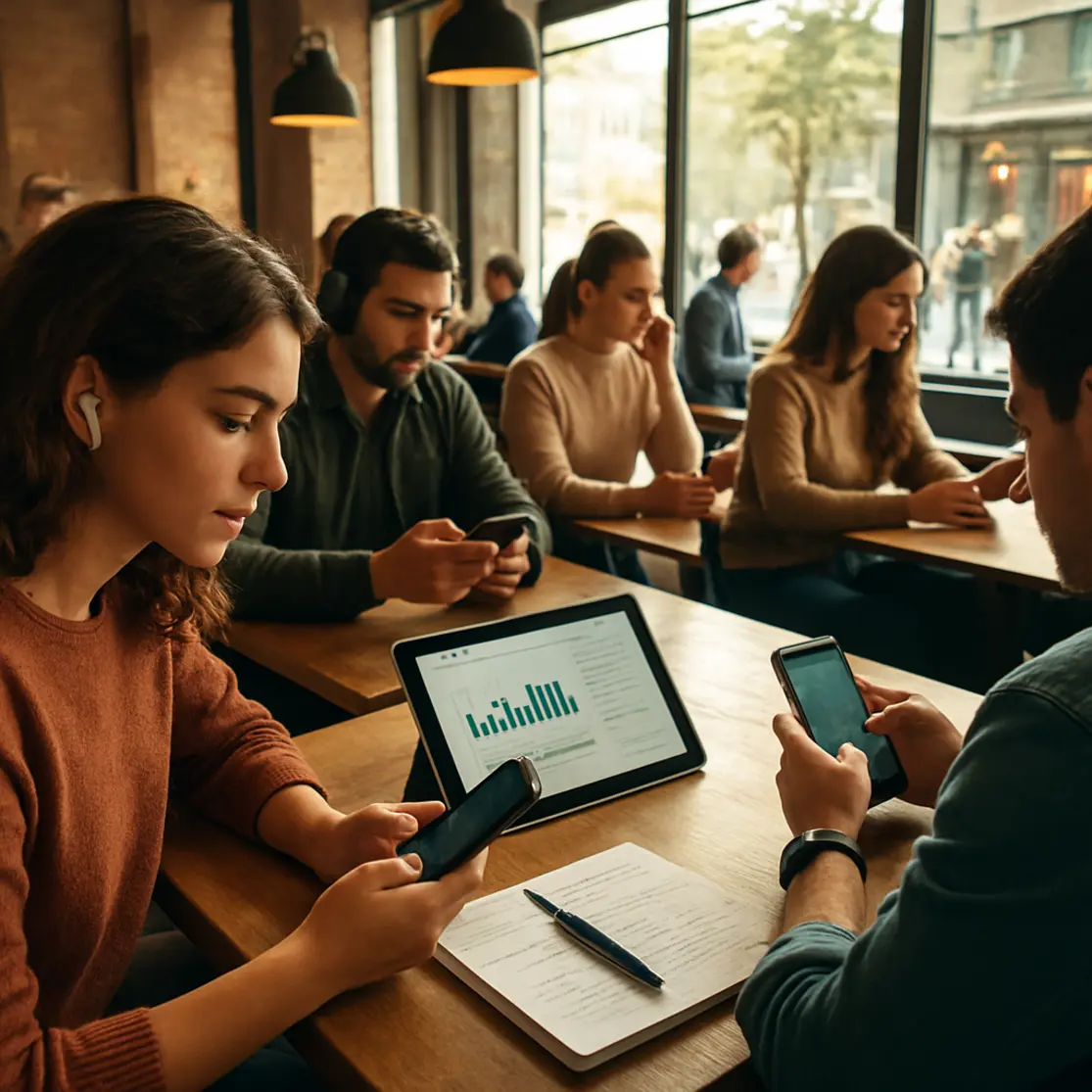 Cena de café com pessoas usando smartphones e dispositivos vestíveis, mostrando IA no cotidiano urbano
