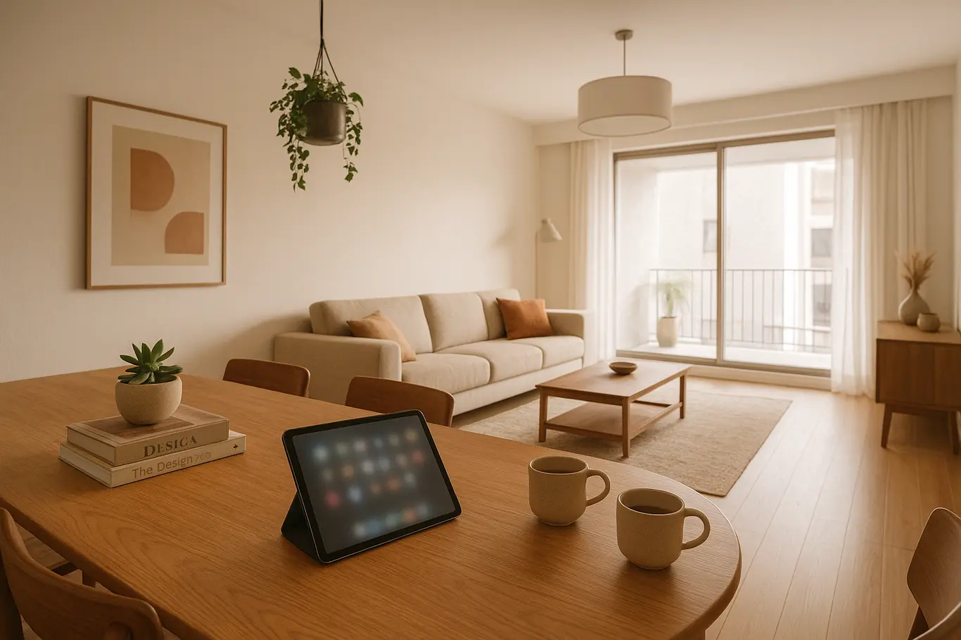 Vista ampla de apartamento decorado com tablet sobre a mesa