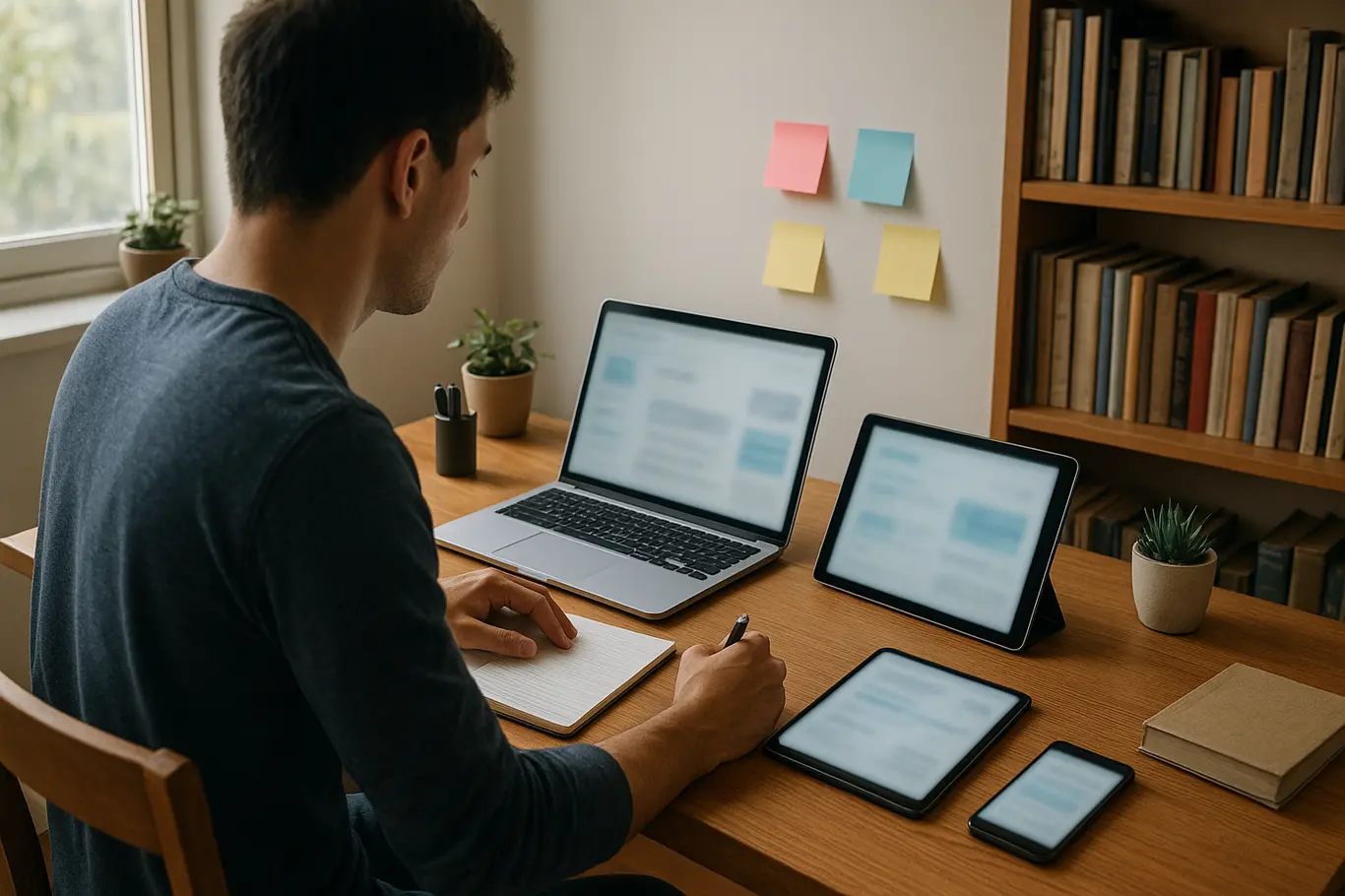 Vista aberta do ambiente de estudo com laptop, tablet e post-its, luz natural