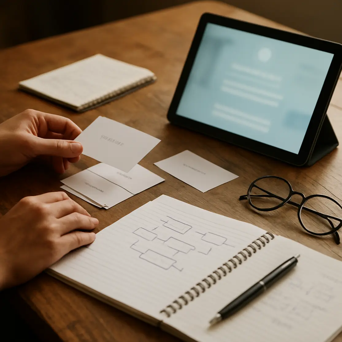 Detalhe da mesa de estudo com tablet borrado, fichas, cadernos e mãos organizando materiais