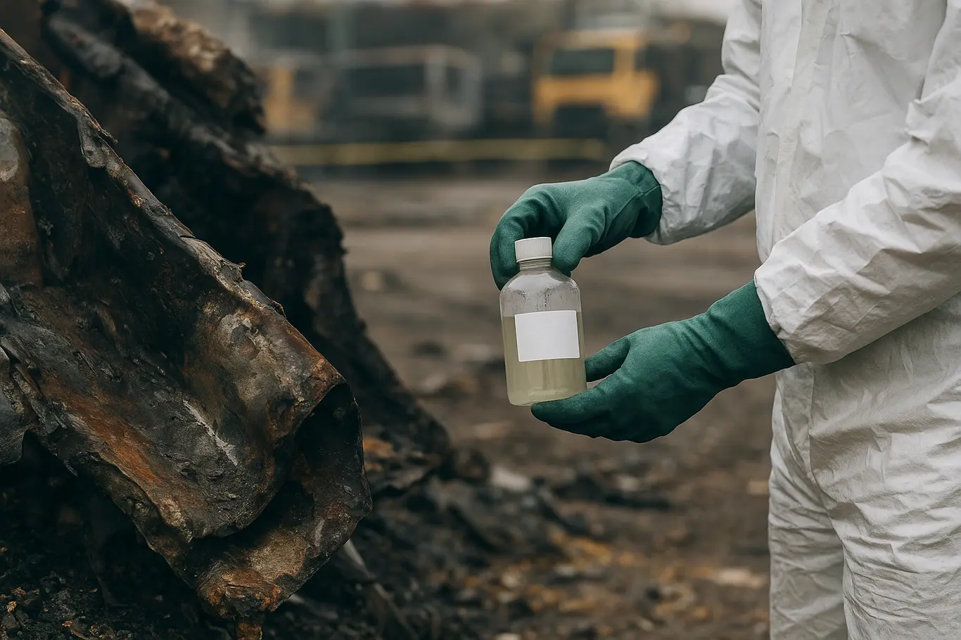 Detalhe de destroços metálicos e técnico de proteção segurando amostra no local da implosão.