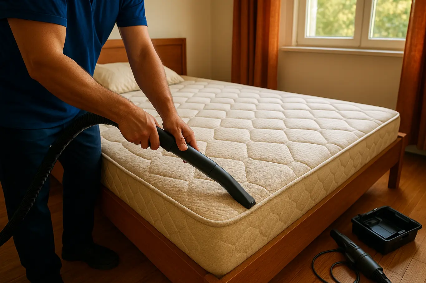 Técnico aspirando costuras do colchão com bocal fino, vista angular da cama
