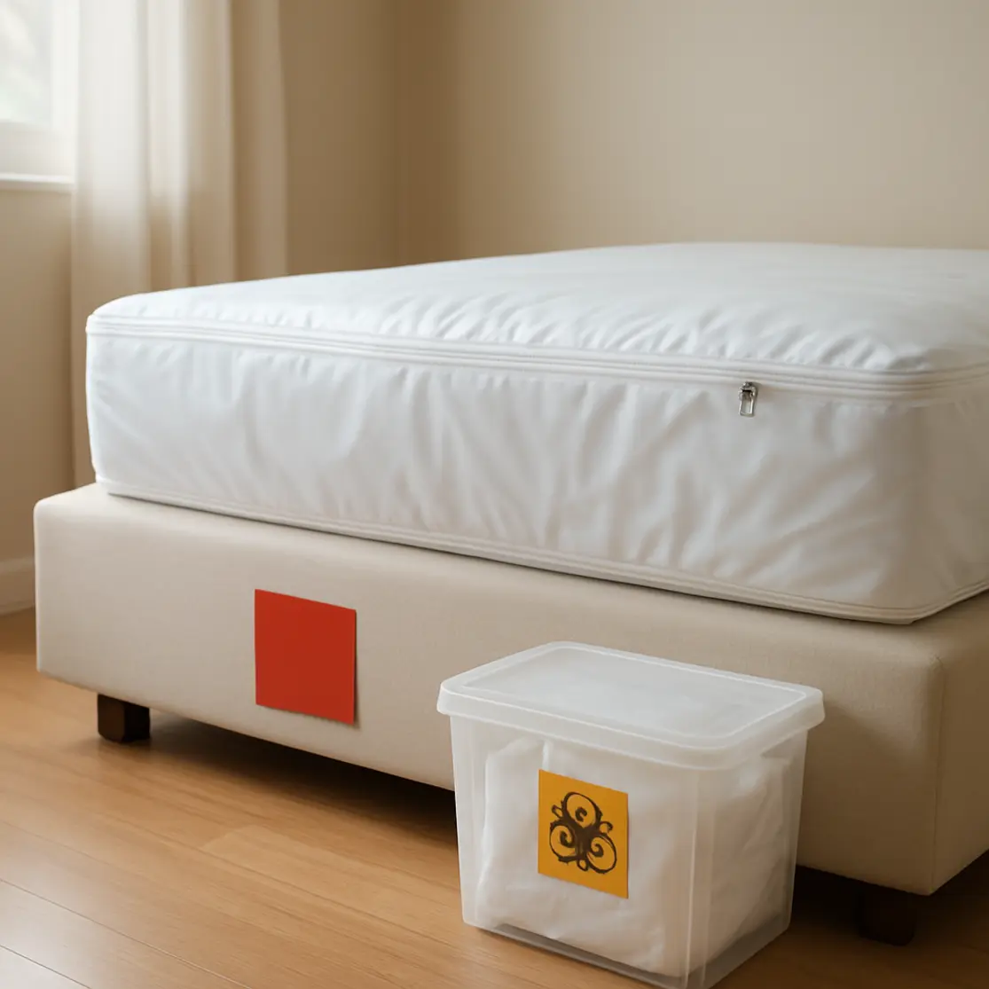 Colchão com protetor zipado e monitor adesivo vermelho ao lado da base da cama