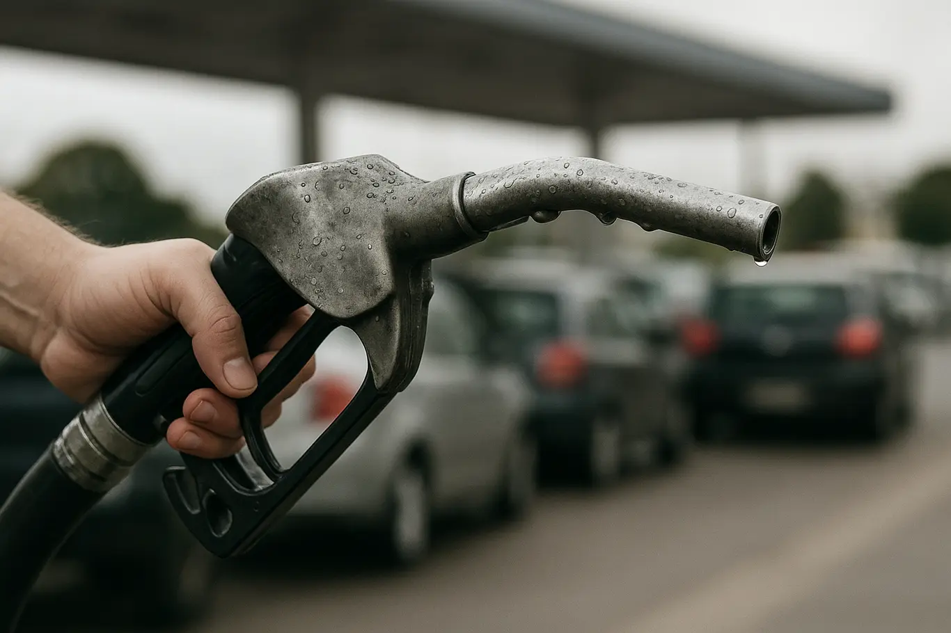 Mão segurando bico de abastecimento com fila de carros desfocada ao fundo, sugerindo impacto nos preços dos combustíveis em Brasília.