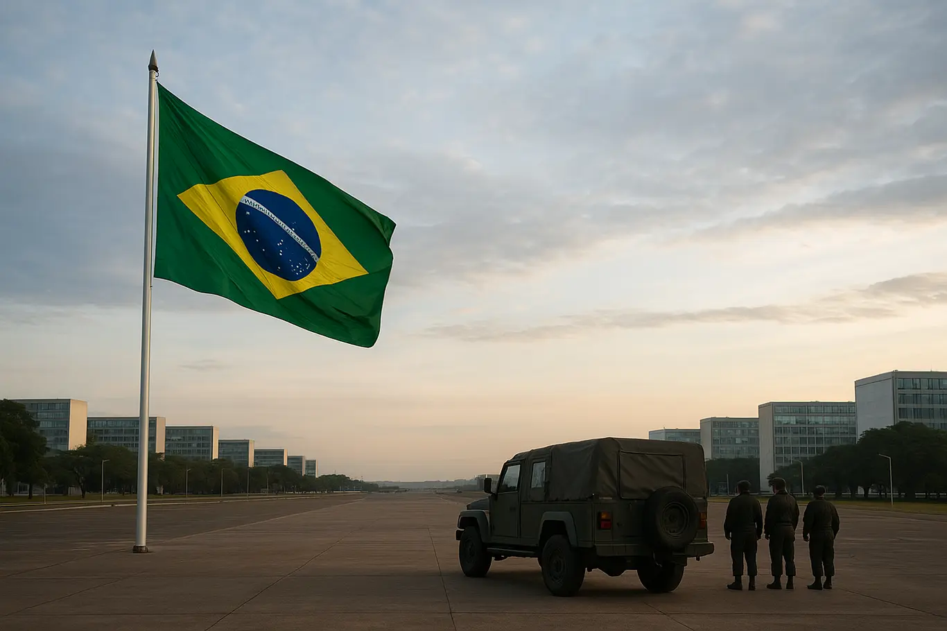 Esplanada dos Ministérios com bandeira do Brasil e viatura militar em preparação, pessoal de costas.
