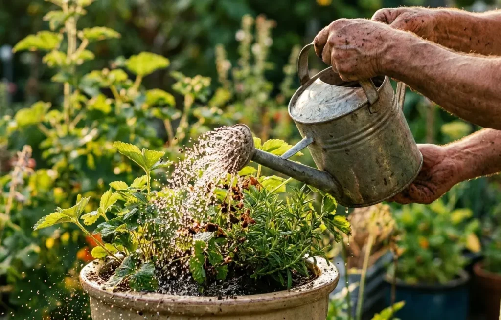 Mãos regando planta em vaso com gotas em suspensão, luz dourada