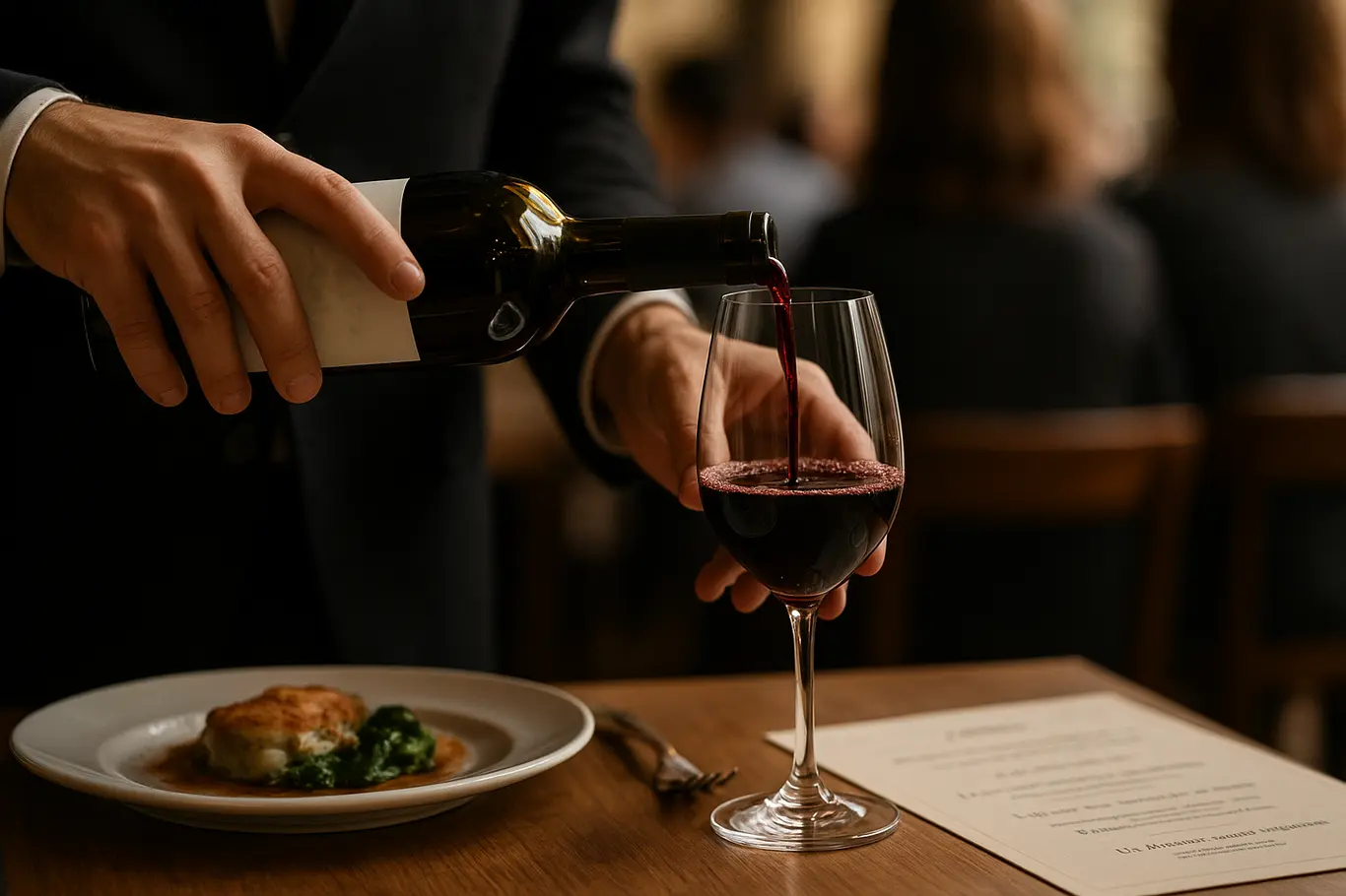 Close-up de mãos servindo vinho em taça, cardápio com frases em francês desfocado ao fundo