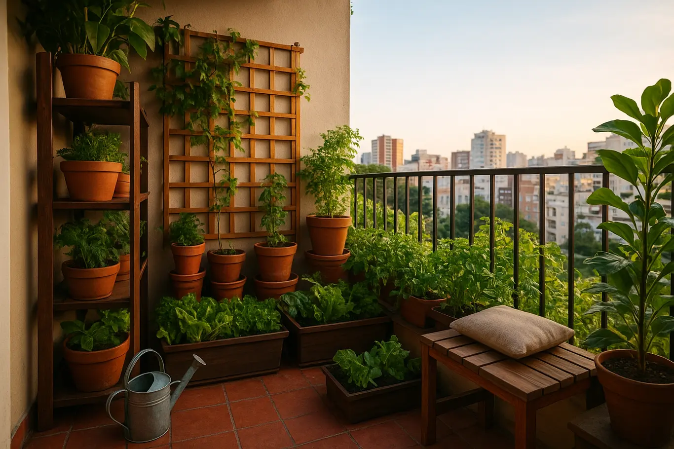 Varanda estreita com prateleiras verticais, vasos e banco compacto ao entardecer