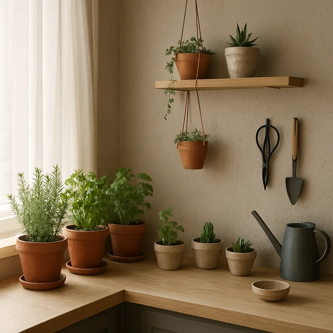 Canto de apartamento com bancada de vasos de ervas e ferramentas de jardinagem