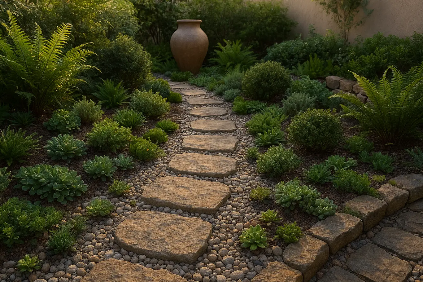 Vista ampla lateral de jardim pequeno decorado com caminho de pedras e canteiros compactos