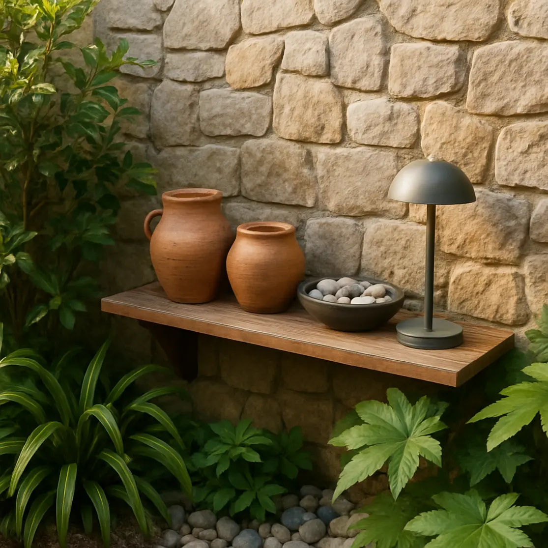 Canto decorado de jardim pequeno com parede de pedra, vasos e seixos