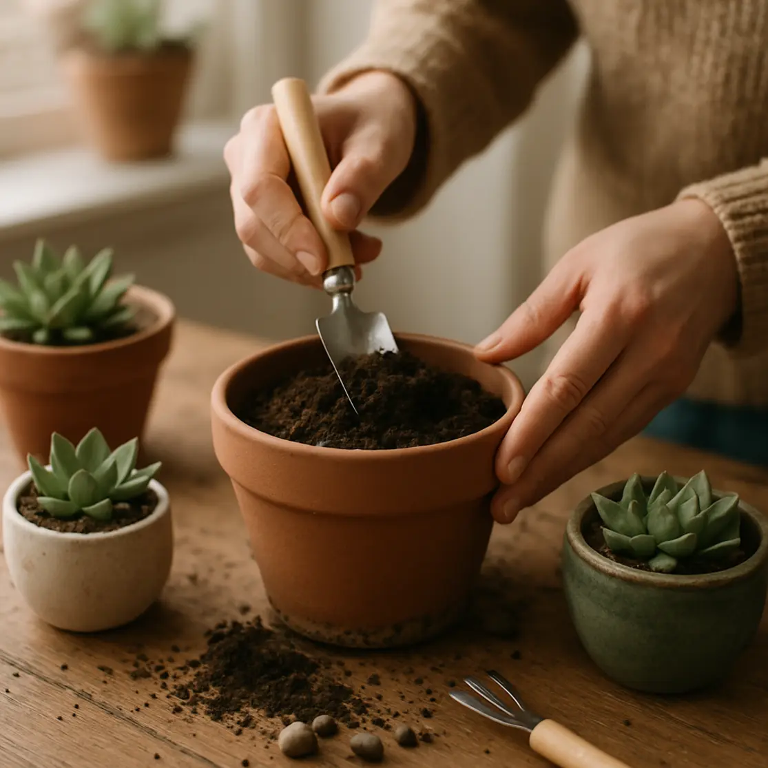 Mãos organizando mini-jardins de suculentas junto à janela