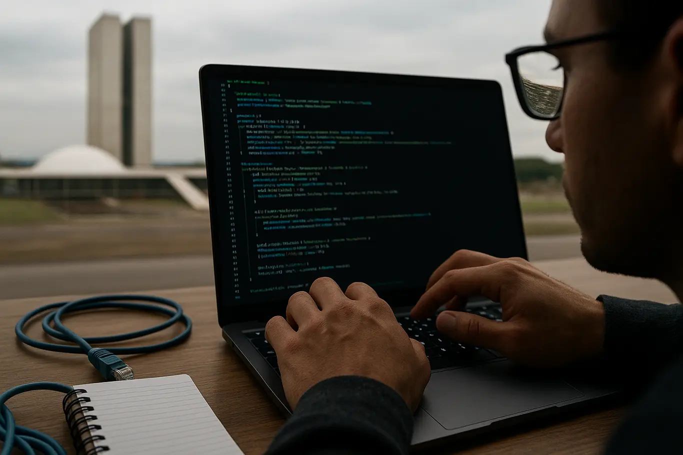 Close das mãos digitando em teclado retroiluminado, código refletido em óculos, Congresso desfocado ao fundo