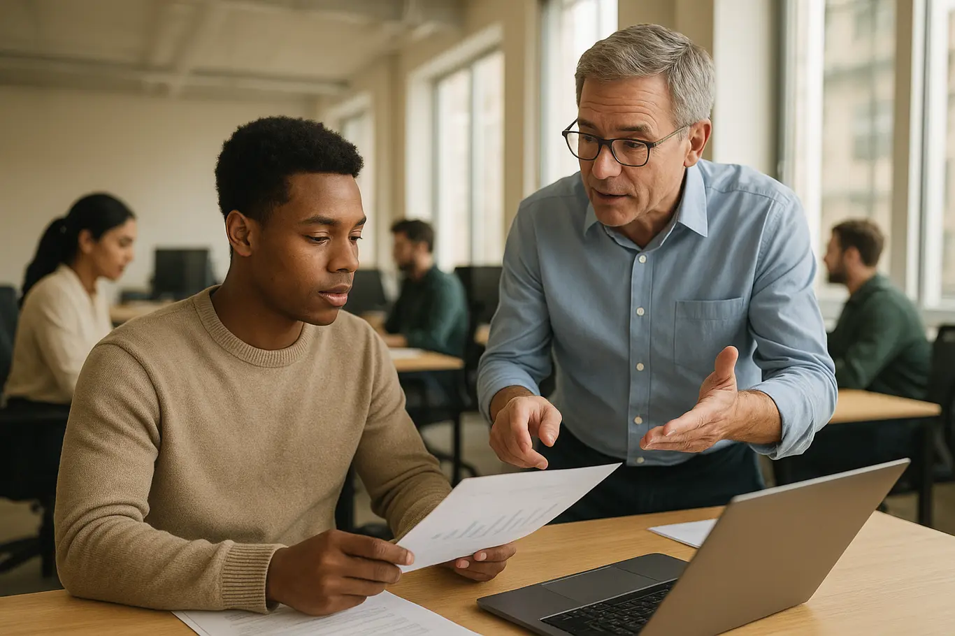 Cena ampla de integração com aprendiz de costas e mentor de perfil em escritório moderno, atmosfera de treinamento