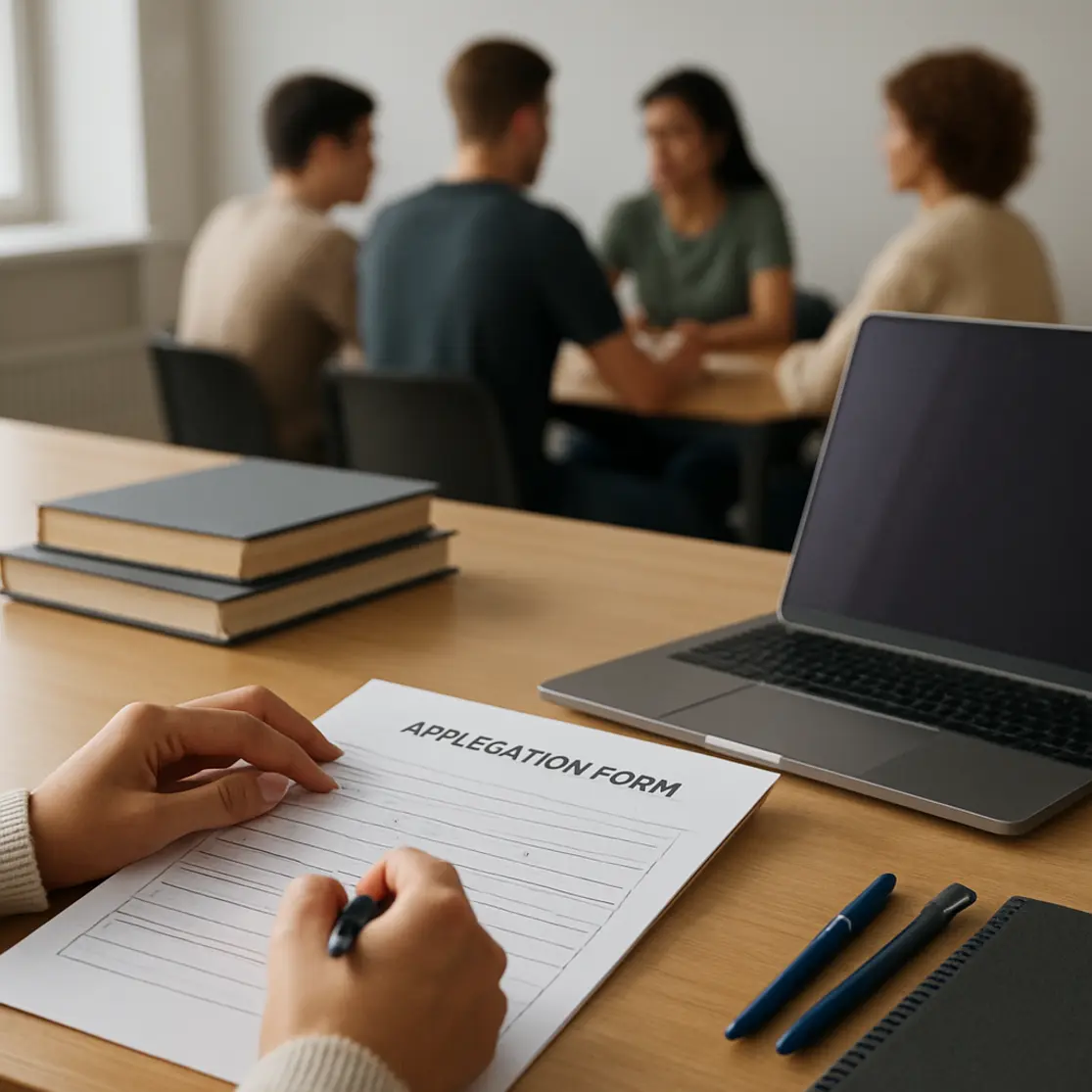 Detalhe de mãos preenchendo formulário e laptop em sala de treinamento para jovens aprendizes, pessoas ao fundo de costas
