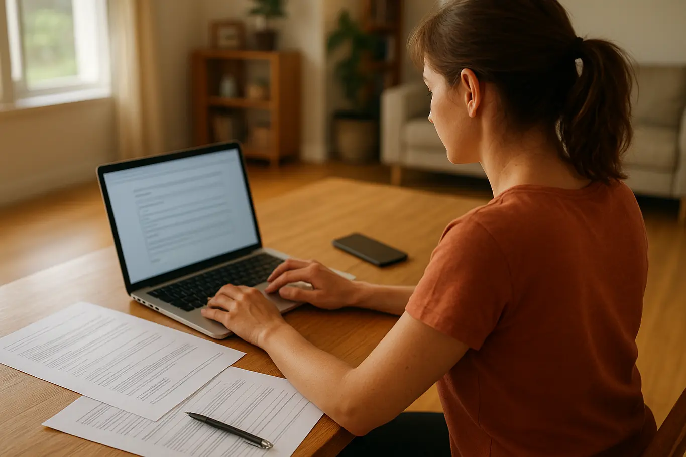 Ambiente doméstico com pessoa usando laptop e smartphone para justificar ausência eleitoral