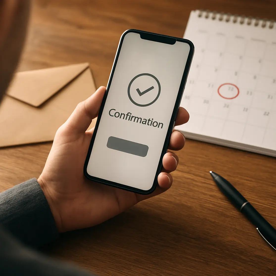 Mãos segurando celular com confirmação e calendário com data circulada
