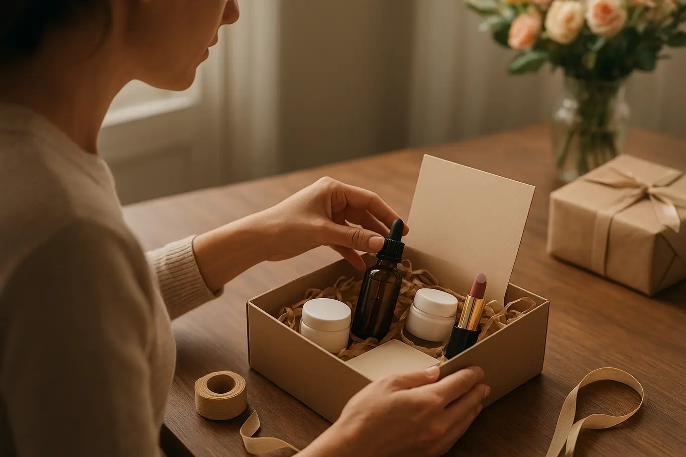 Pessoa colocando produtos de beleza dentro de uma caixa de presente sobre mesa