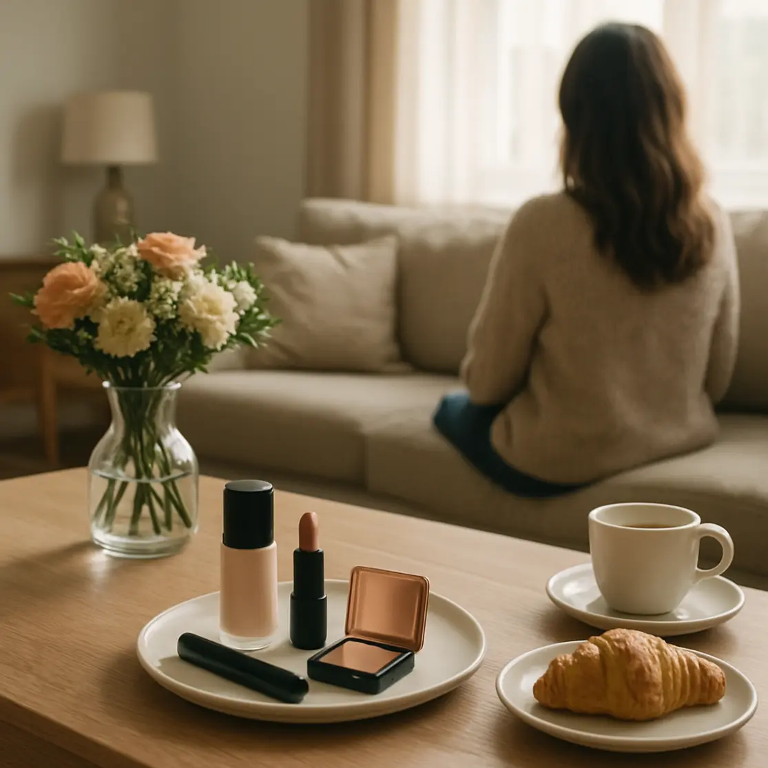Sala de estar com kit de beleza sobre a mesa de centro e mulher sentada de costas no sofá