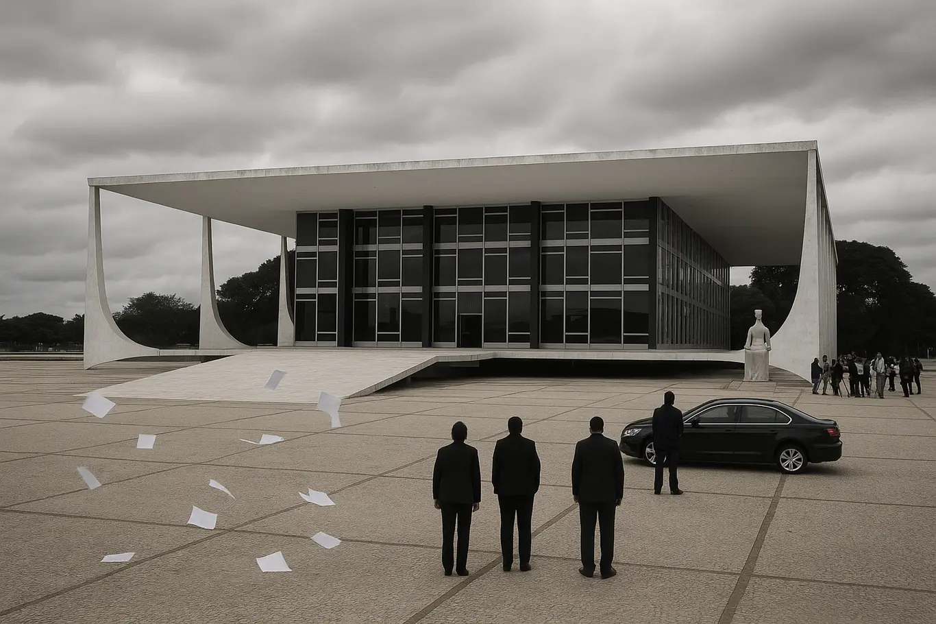 Fachada do Supremo Tribunal Federal com praça e figuras de costas, papéis ao vento