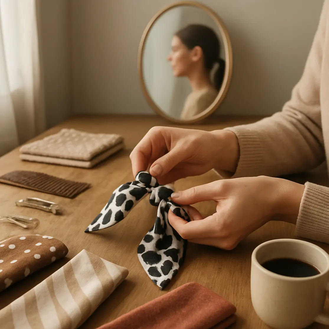 Mesa com lenços e mãos demonstrando nó em estúdio, espelho e elementos de styling ao fundo