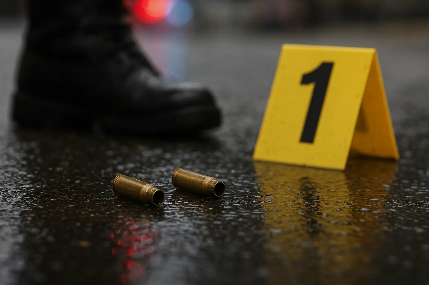 Cápsulas de munição sobre asfalto molhado com marcador de evidência e bota policial desfocada