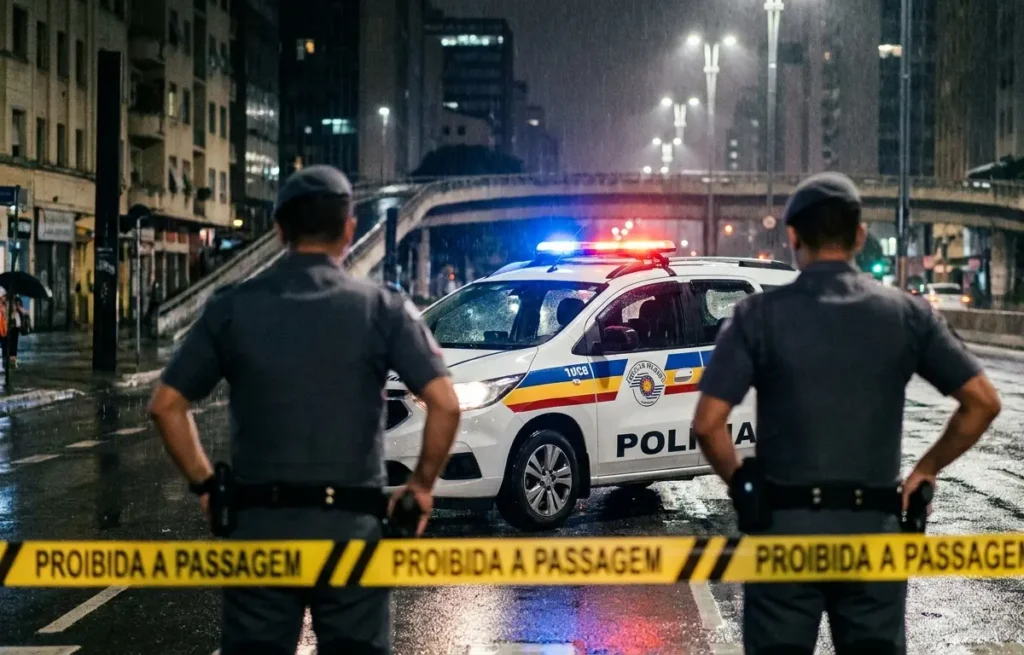 Viatura policial com policiais de costas e fita de isolamento em avenida de São Paulo à noite