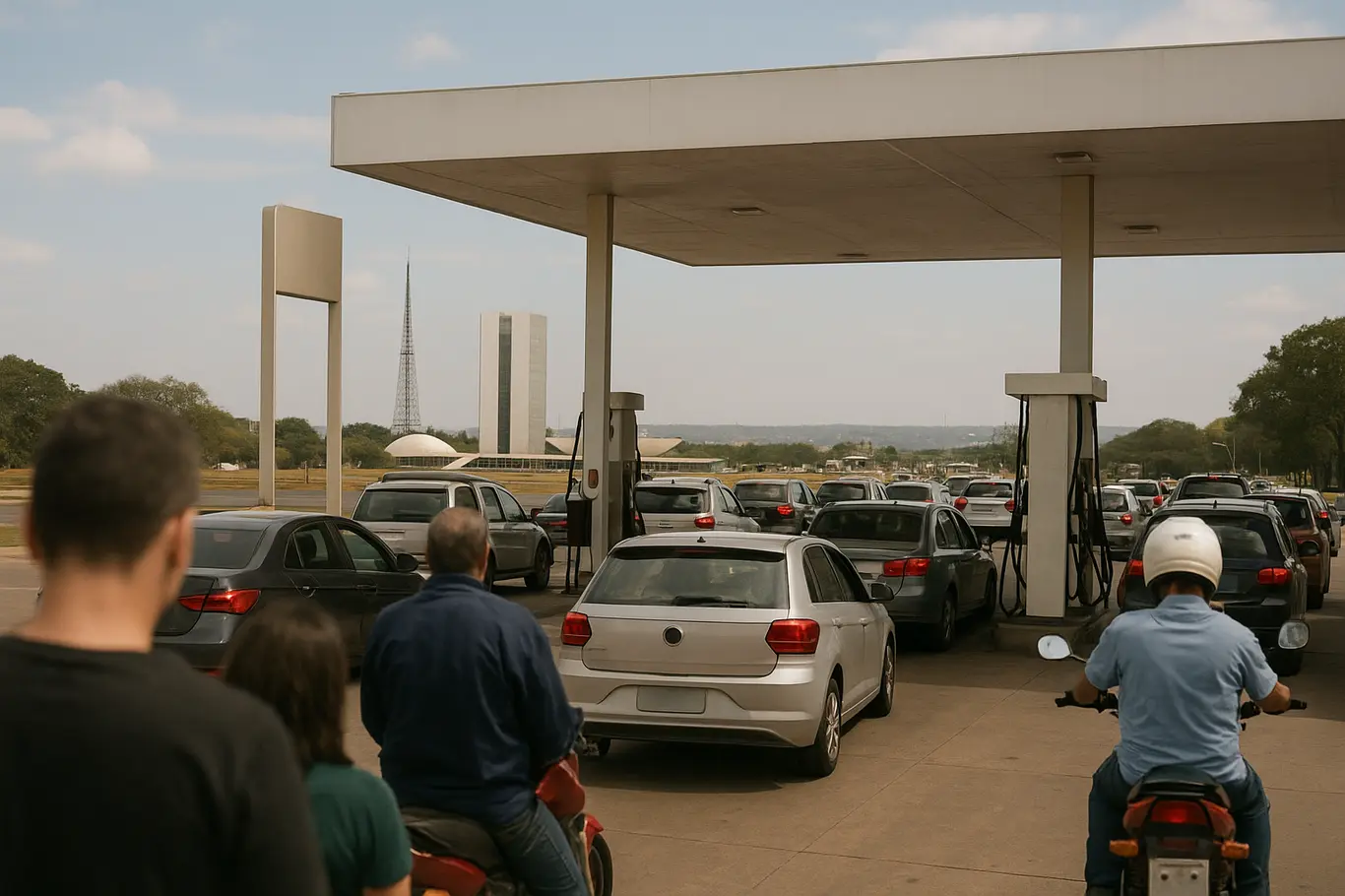 Posto de combustível em Brasília com fila de carros e Congresso ao fundo, pessoas de costas