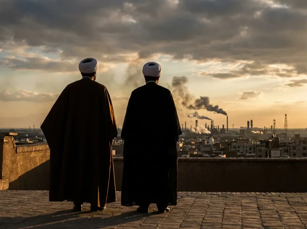 Figura religiosa iraniana vista de costas observando horizonte com chaminés de petróleo ao pôr do sol