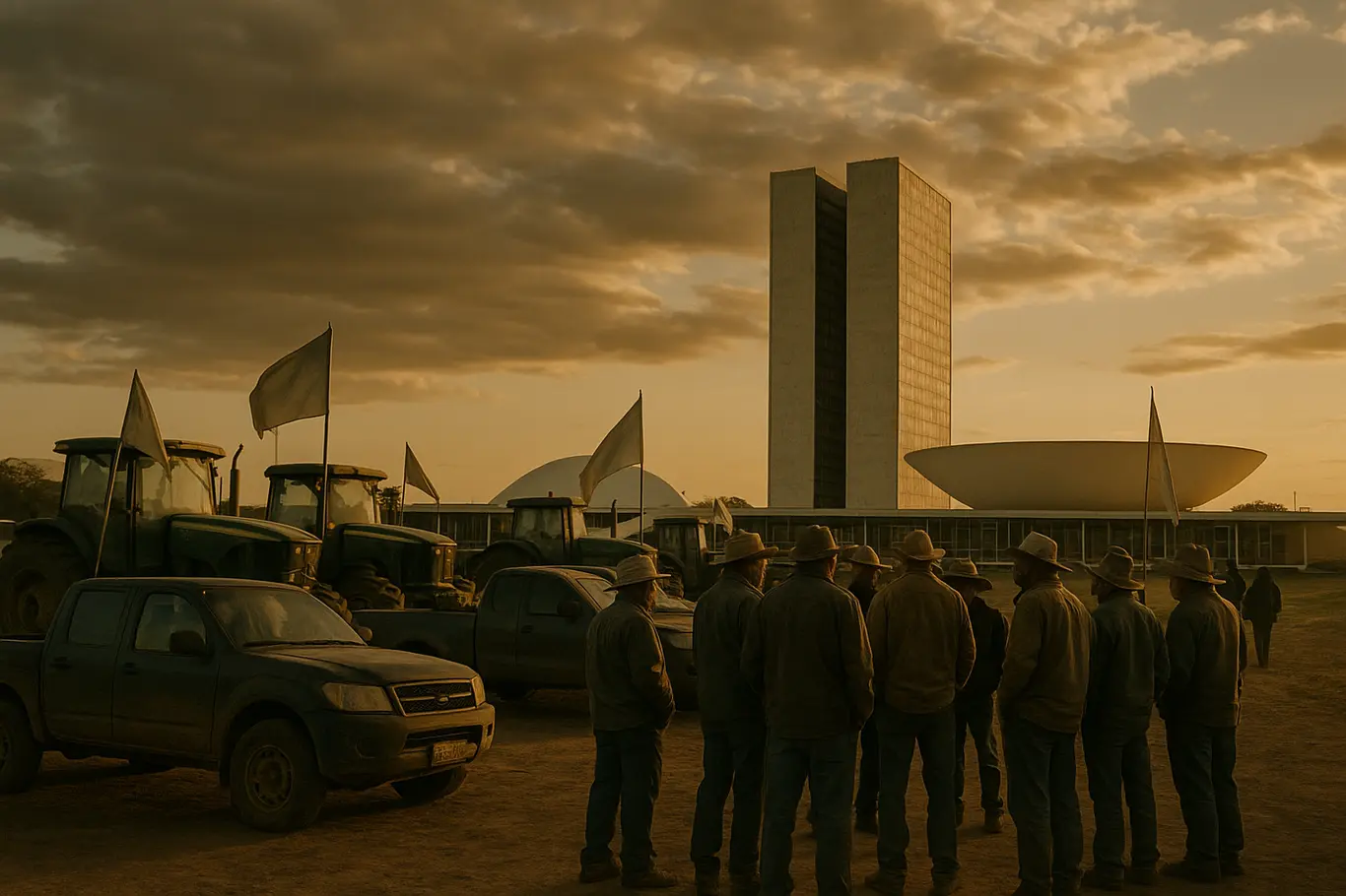 Congresso Nacional com caminhonetes agrícolas na Esplanada; agricultores de costas.