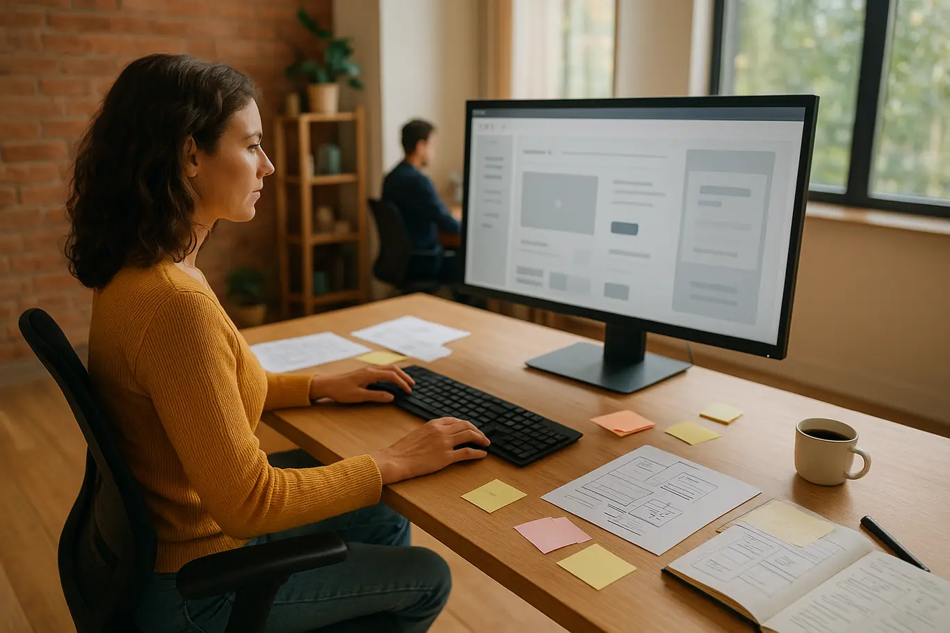 Home office amplo com empreendedora no perfil trabalhando em painel de criação de loja online.