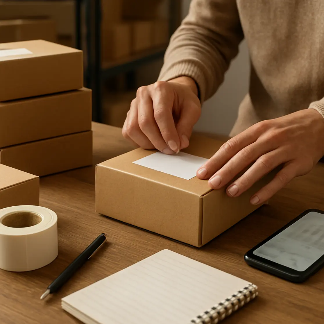 Mãos embalando produto para envio, caixas e smartphone com estatísticas de vendas desfocadas.
