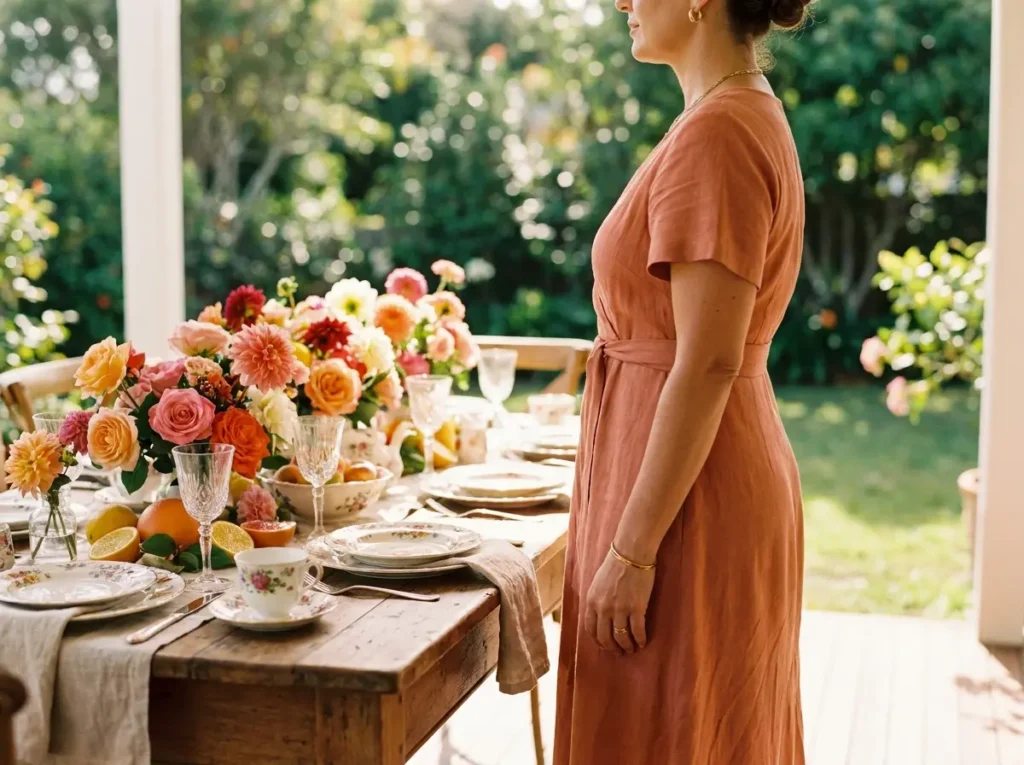 Mulher em 3/4 com vestido terracota em varanda ensolarada, mesa posta para almoço do Dia das Mães