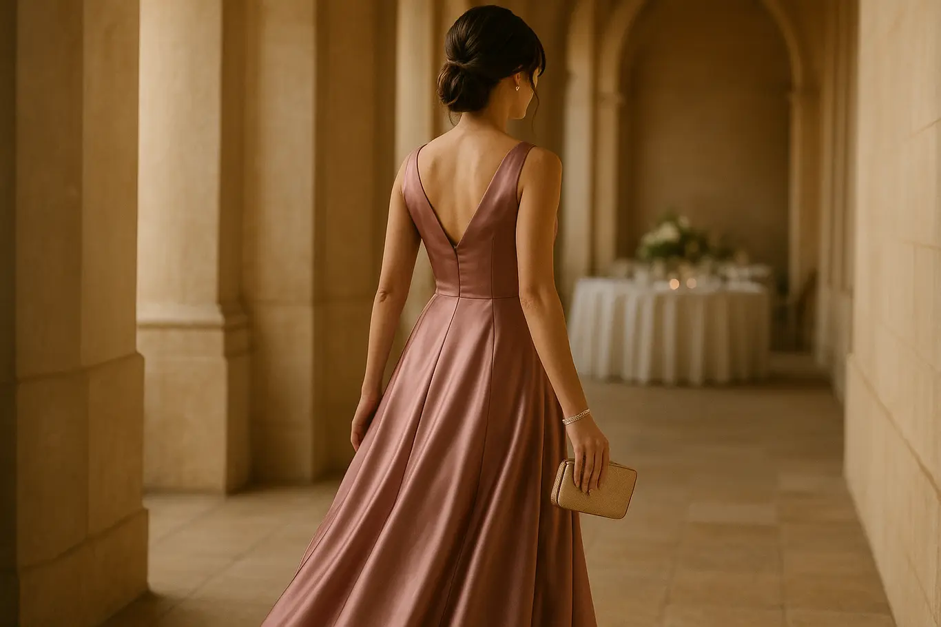 Convidada caminhando pelo corredor do casamento mostrando movimento do vestido de costas em 3/4