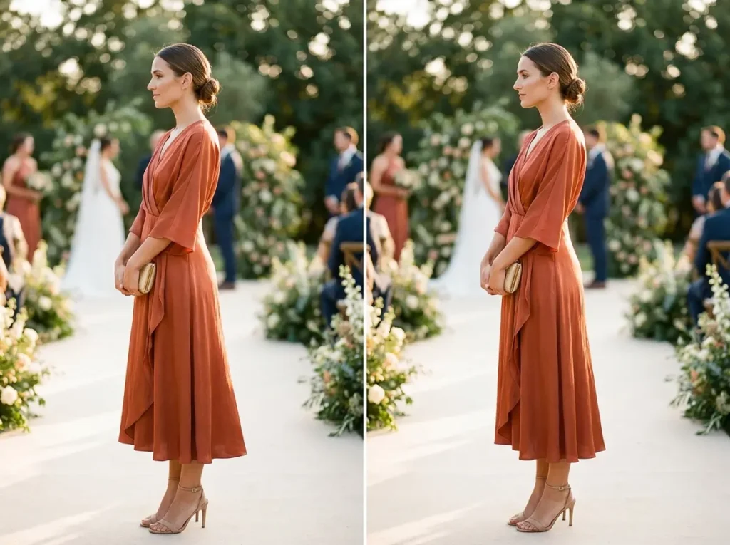 Convidada de perfil com vestido terracota em cerimônia ao ar livre ao pôr do sol