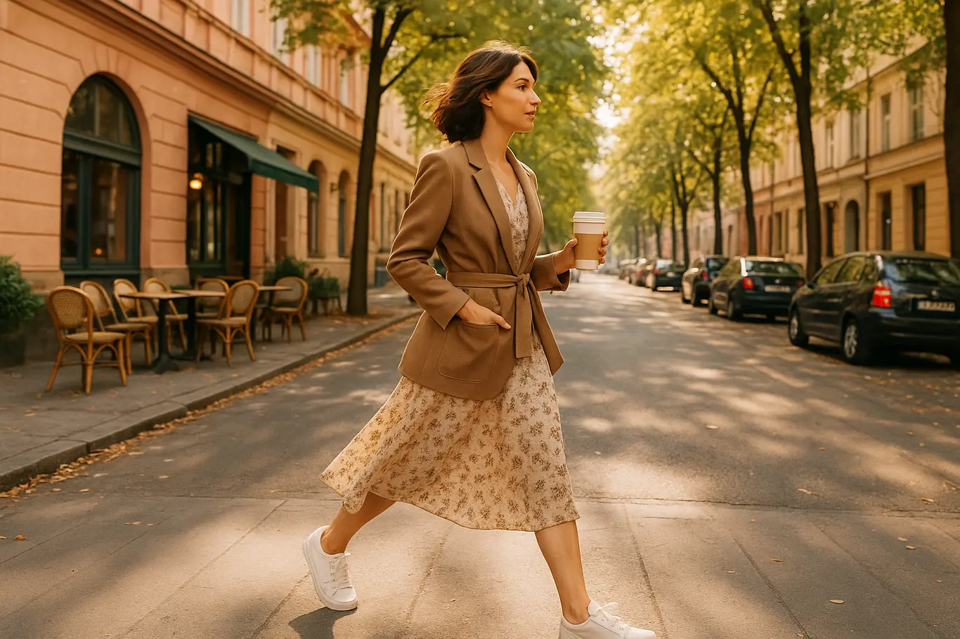 Mulher caminhando numa rua arborizada com vestido midi, jaqueta e tênis, segurando café
