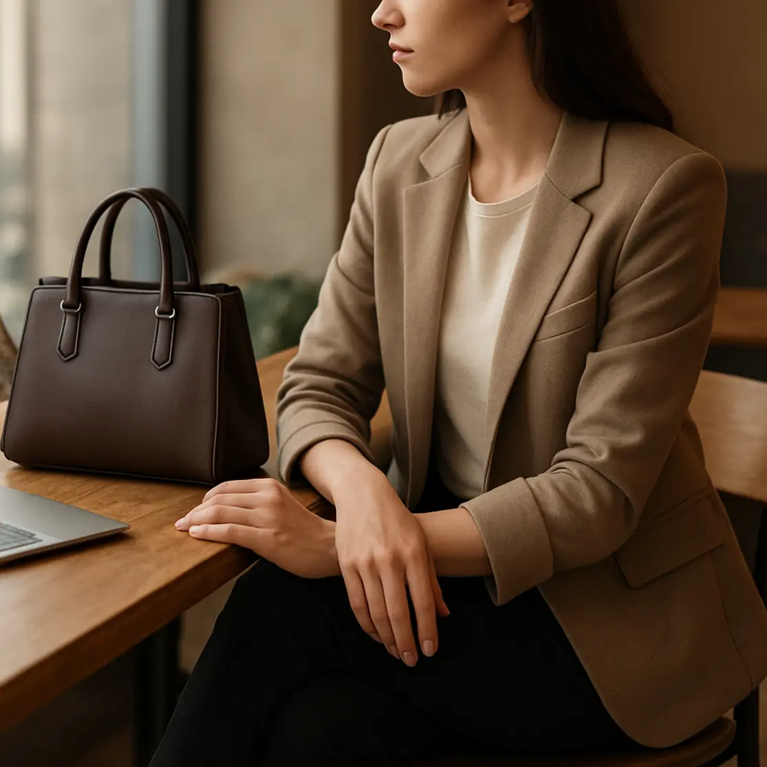 Detalhe de look em cafeteria: blazer, calça cropped e bolsa ao lado, mãos sobre a mesa, perfil parcial