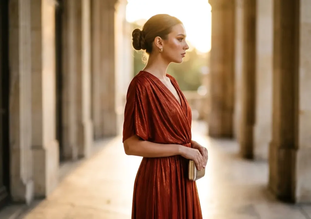 Mulher em 3/4 com vestido longo vermelho terroso em corredor iluminado