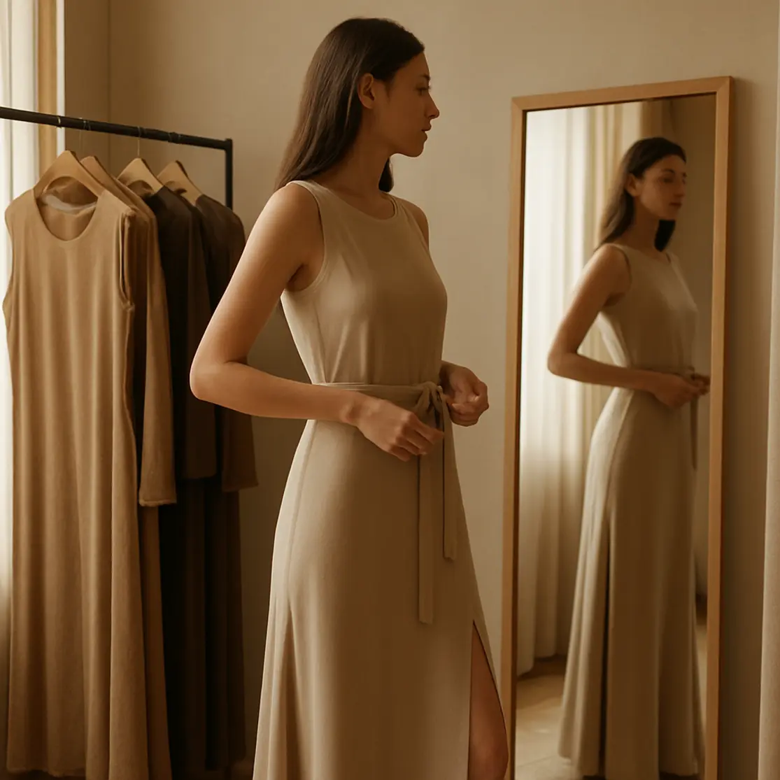 Mulher alta em perfil ajustando cinto em vestido longo dentro de provador elegante