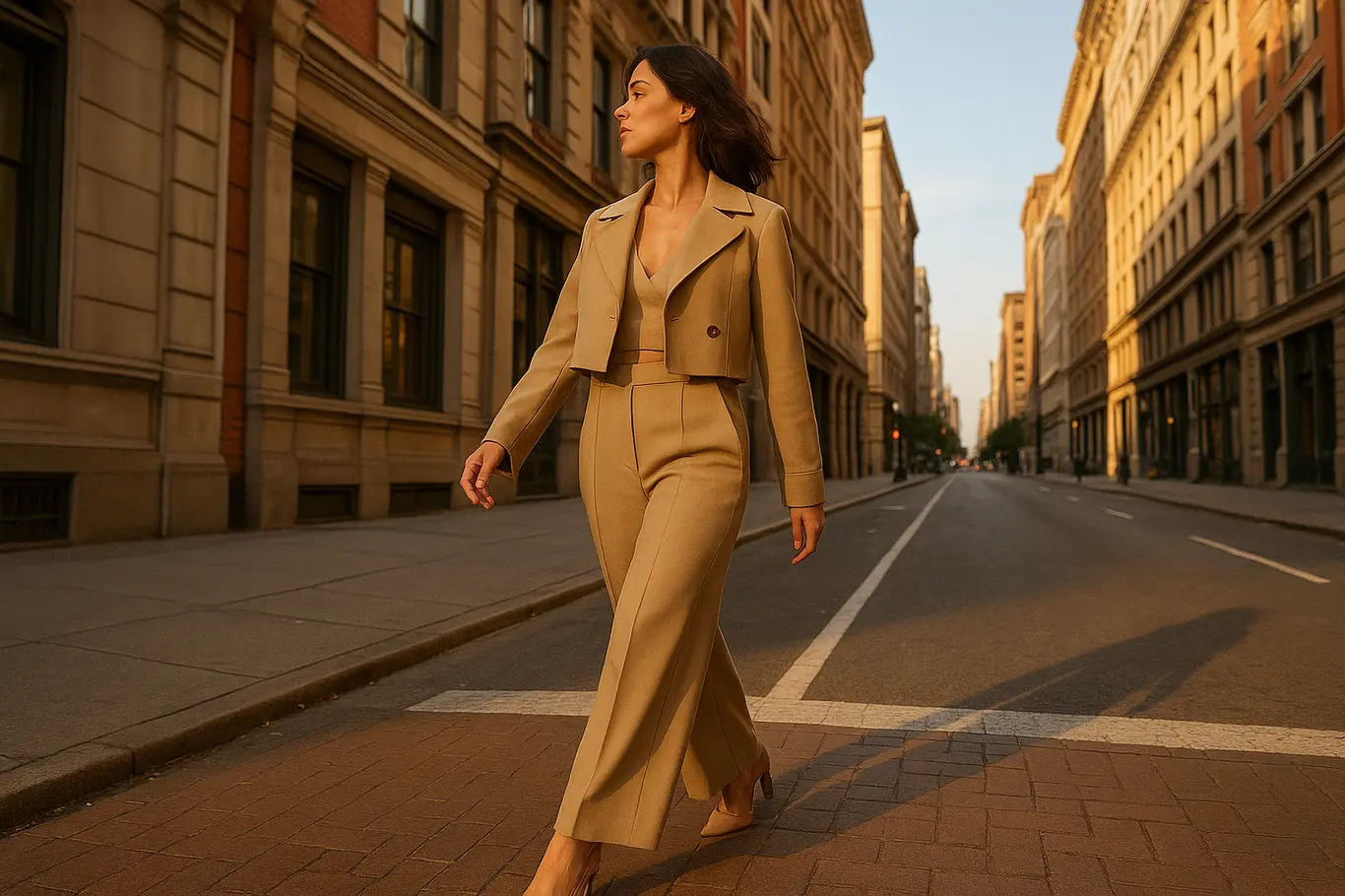 Mulher baixa caminhando em rua urbana usando calça wide-leg e trench coat, vista de corpo inteiro