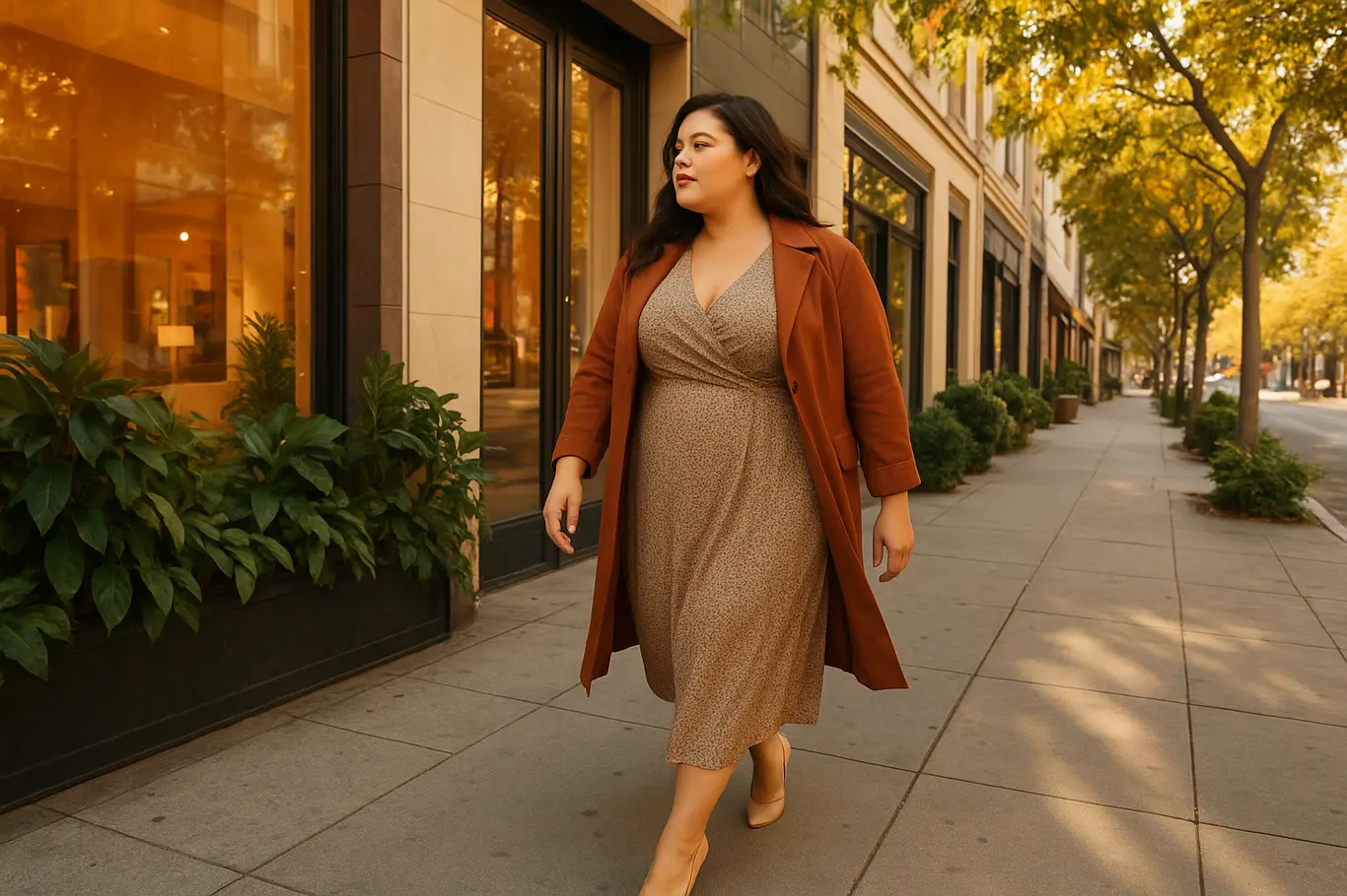 Mulher plus size caminhando confiante numa rua elegante, look midi e casaco leve, vista ampla