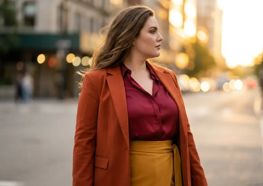 Mulher plus size em perfil 3/4 com blazer vibrante e saia envelope, pose confiante em luz dourada