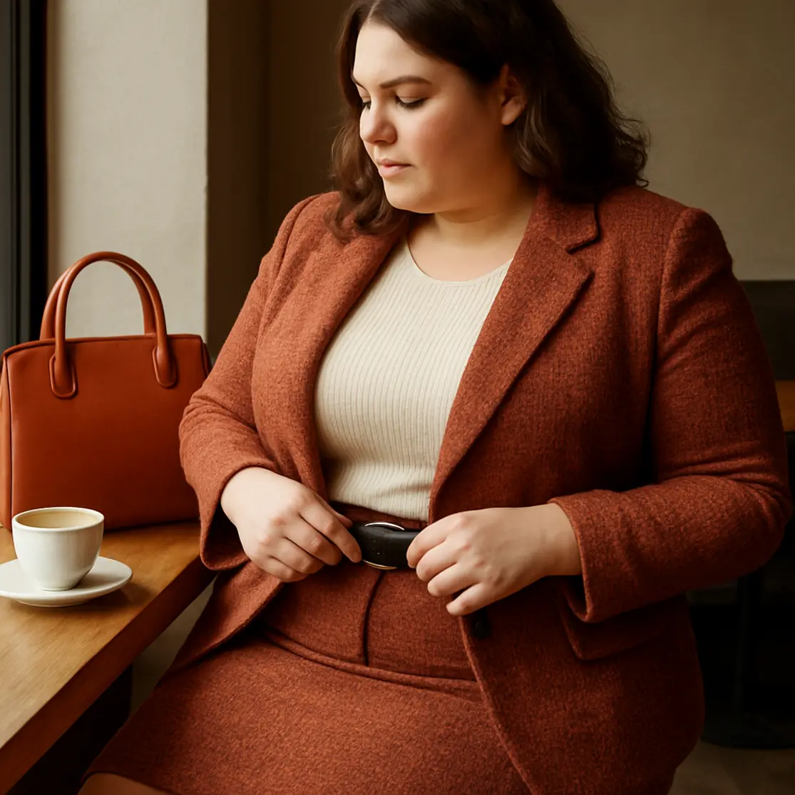 Mulher plus size em perfil 3/4 num café ajustando cinto, mostrando detalhes do look e ambiente acolhedor