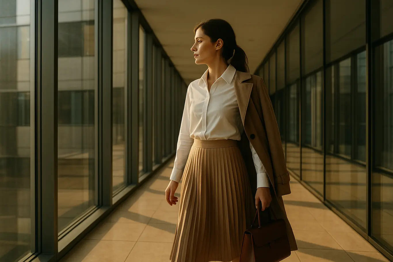 Mulher caminhando em corredor envidraçado com saia midi e camisa branca - look trabalho