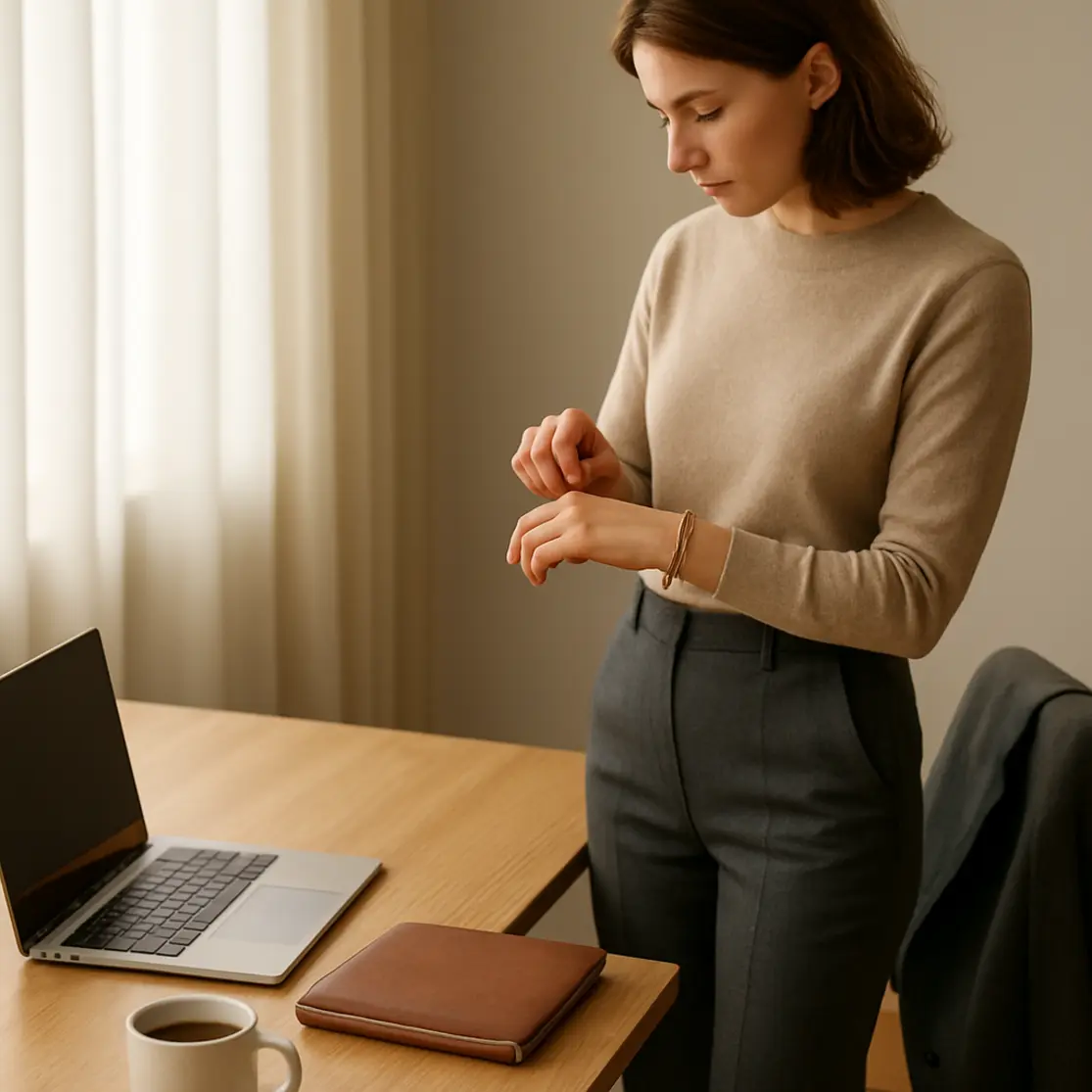 Mesa de trabalho organizada com blazer na cadeira e mulher em 3/4 ajustando acessórios - look casual-chic