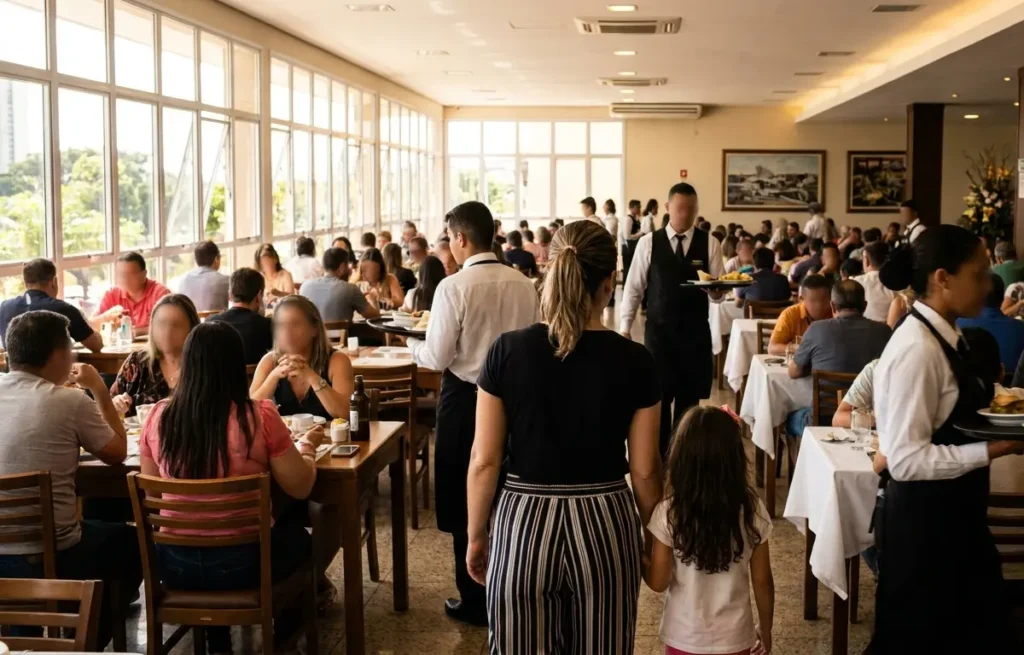 Salão do restaurante do Grupo Famiglia Papà lotado no Dia das Mães, clientes de costas e garçons em movimento