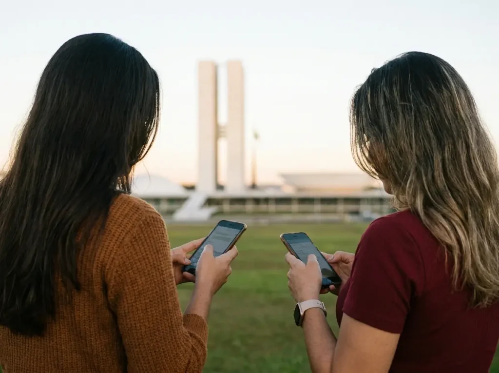 Eleitoras de costas olhando smartphones com o Congresso Nacional ao fundo, rosto não visível