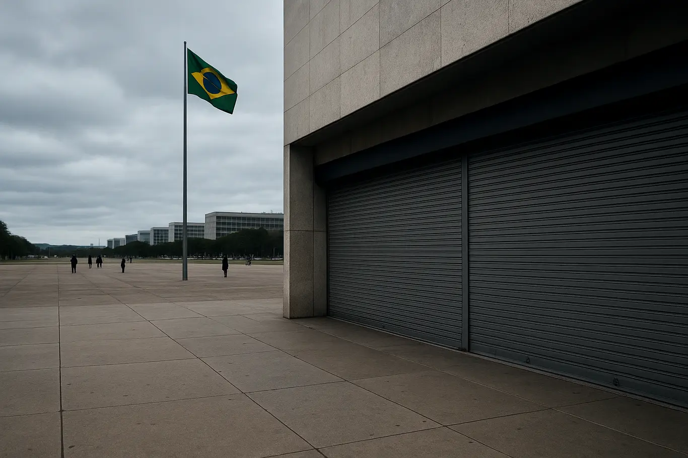 Fachada de banco sem marca com portas fechadas e bandeira do Brasil, Esplanada ao fundo